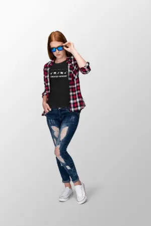 Female wearing a t-shirt that says created to worship