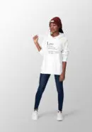 Female wearing a white hoodie that gives the definition of love