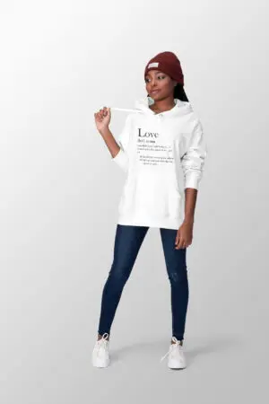 Female wearing a white hoodie that gives the definition of love
