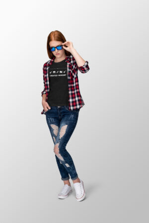 Female wearing a t-shirt that says created to worship
