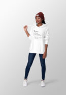 Female wearing a white hoodie that gives the definition of love