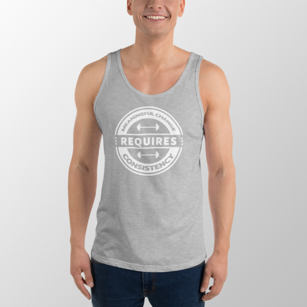 Man wearing a tank top that says Meaningful Change Requires Consistency