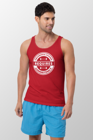 Man wearing a tank top that says Meaningful Change Requires Consistency