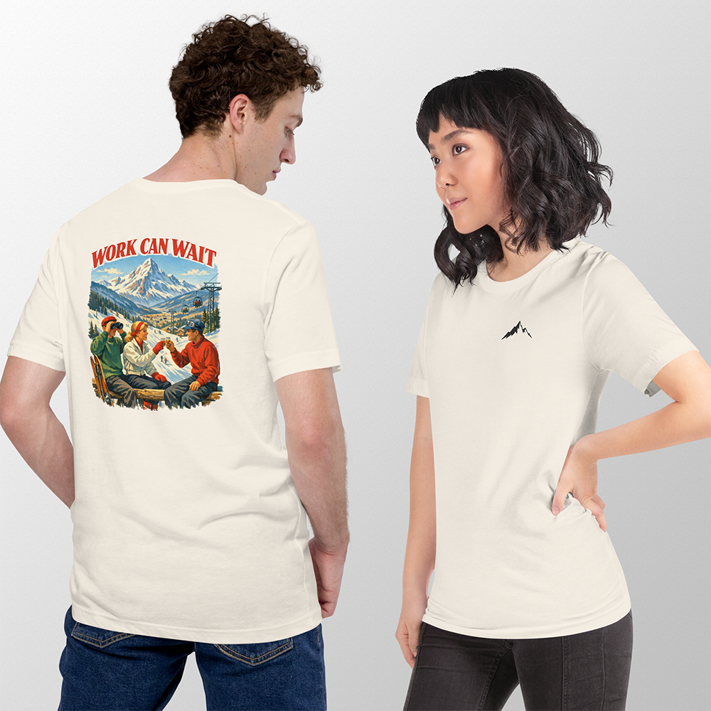 Work-Can-Wait-Vintage-Couple - AddyMiRi Man in a bone tee, front view, with a small mountain peak printed on the left chest. Bone tee, back view, showing the retro slopes scene with friends, snowy peaks and a chairlift. Close view of the back print showing the chairlift and mountain detail.