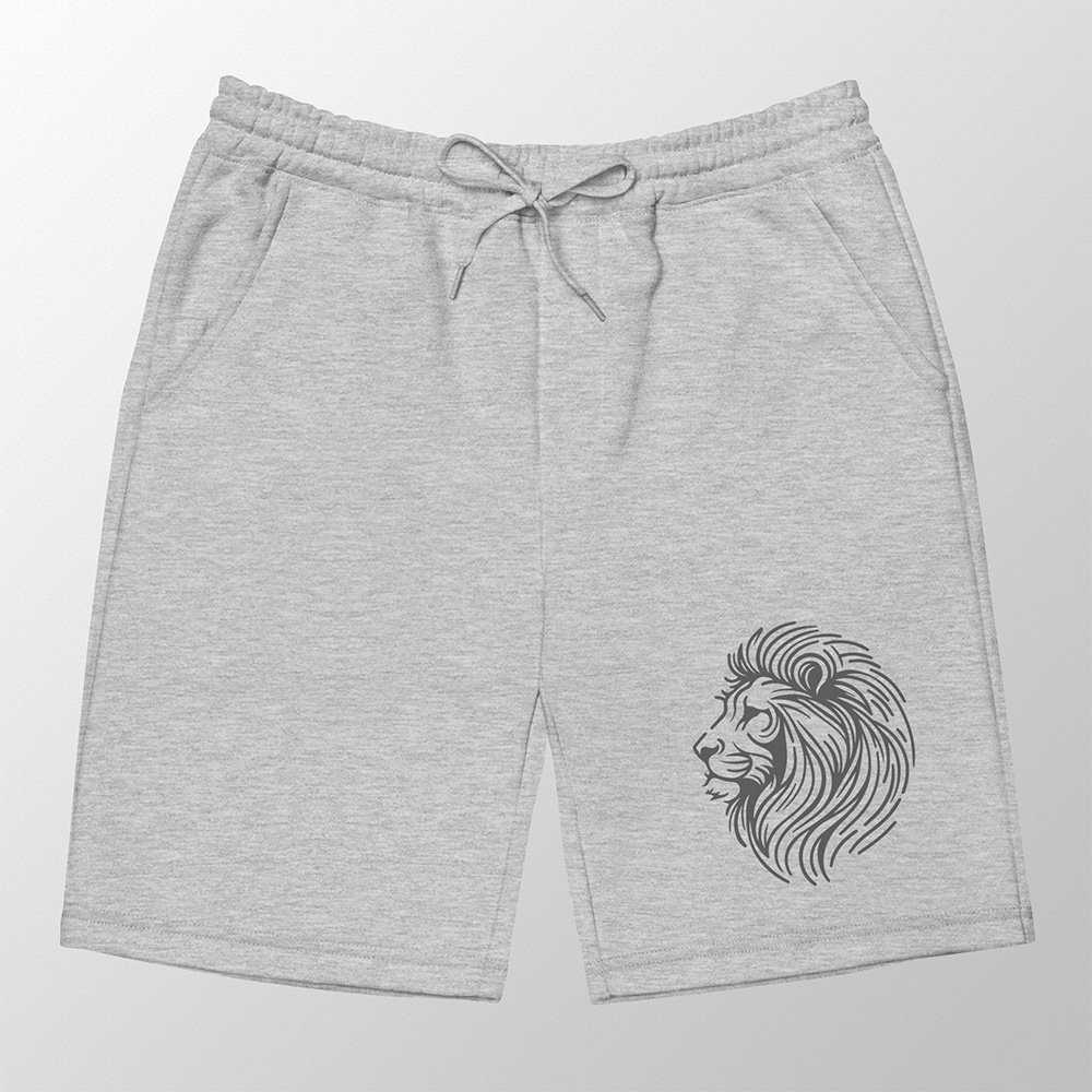 Fleece shorts with line drawing of a lion head on the left leg